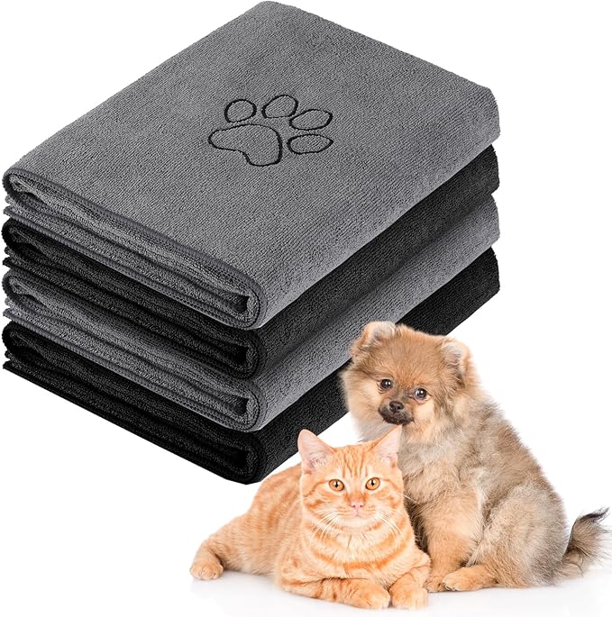 Chumia 4 Pack Dog Towels for Drying Large Microfiber Grooming Tools Absorbent Soft Bath Supplies with Embroidered Paw for Small Medium Pet Products(16 x 32 Inch,Gray, Black)