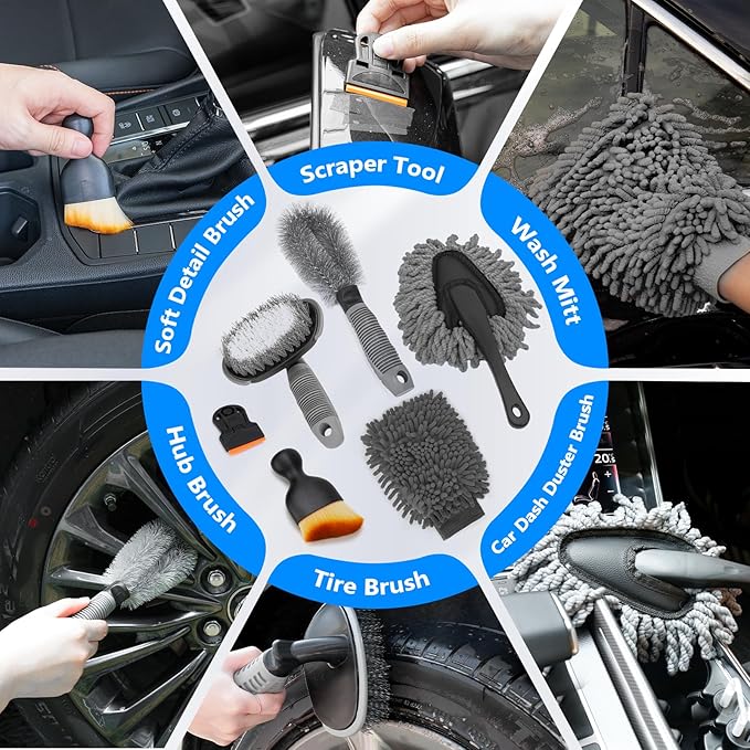 ThinkLearn Car Wash Detailing Kit with Foam Gun, Car Cleaning Kit Set,Car Wash Brush with Long Handle, Large Folding Bucket for Interior Exterior Car Wash Supplies, Car Gift Set Gray