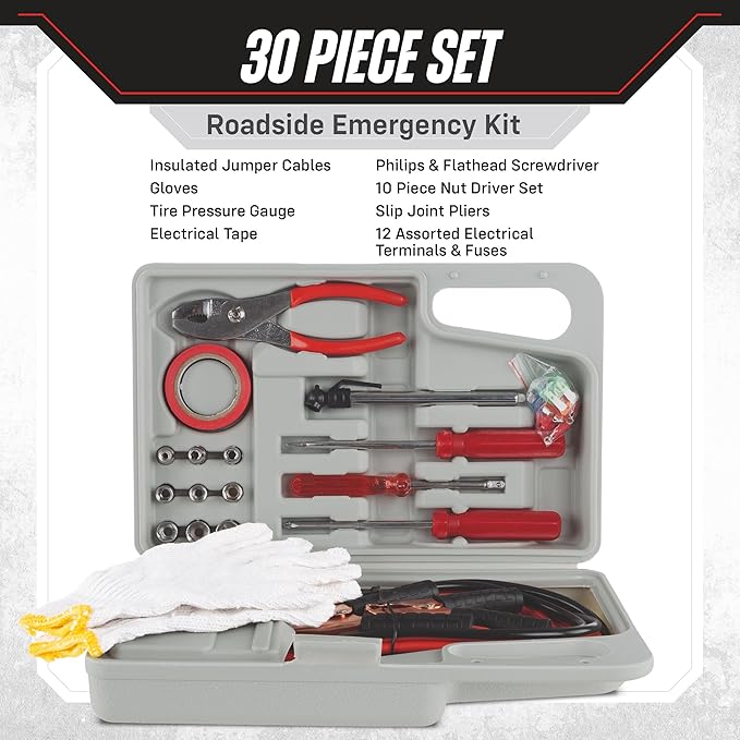 Roadside Emergency Car Kit - 30-Piece Road Trip Essentials Tool Set with Jumper Cables and Carrying Case for Car, Truck, or RV by Stalwart (Gray/Red)