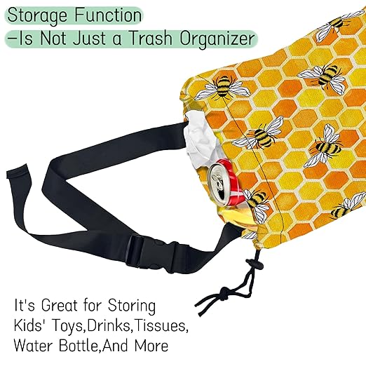 Watercolor Bees Car Trash Bag,Honeycombs Hanging Drawstring Car Garbage Bag,Waterproof Canvas Car Back Seat Organizer with Adjustable Buckle,for Vehicles,SUVs,Camping,Road Trips