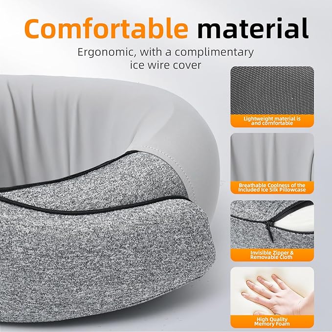 Travel Pillows for Airplanes, 100% Pure Memory Foam Neck Pillow with Skin-Friendly Silk Cover, Ergonomic Support, Washable Cover, Eye Mask, Earplugs, Ideal Neck Pillow for Flight Trips