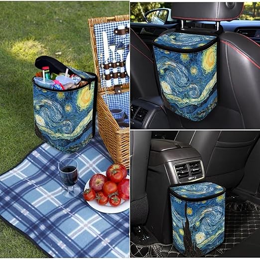 1.2 Gallons Car Trash Can with Lid, Starry Night Vehicle Trash Can for Truck, Adjustable Hanging for Tail of Console/Back of Seats, with Zipper Leak-Proof Lid Design, Washable Easy to Clean