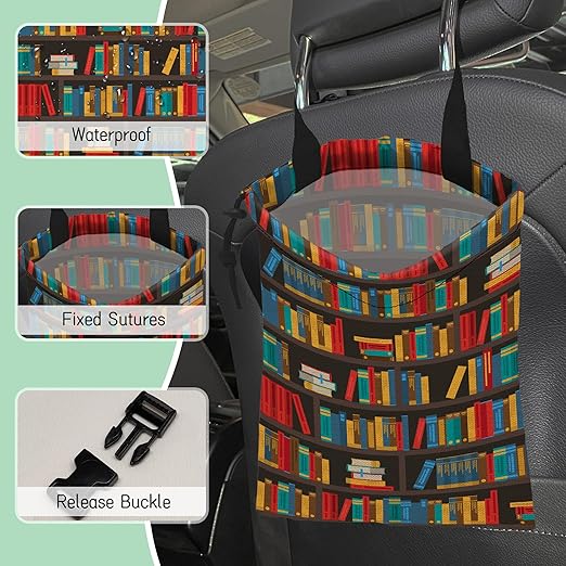 Bookshelves Car Trash Bag,Multicolored Book Hanging Drawstring Car Garbage Bag,Waterproof Canvas Car Back Seat Organizer with Adjustable Buckle,for Vehicles,SUVs,Camping,Road Trips