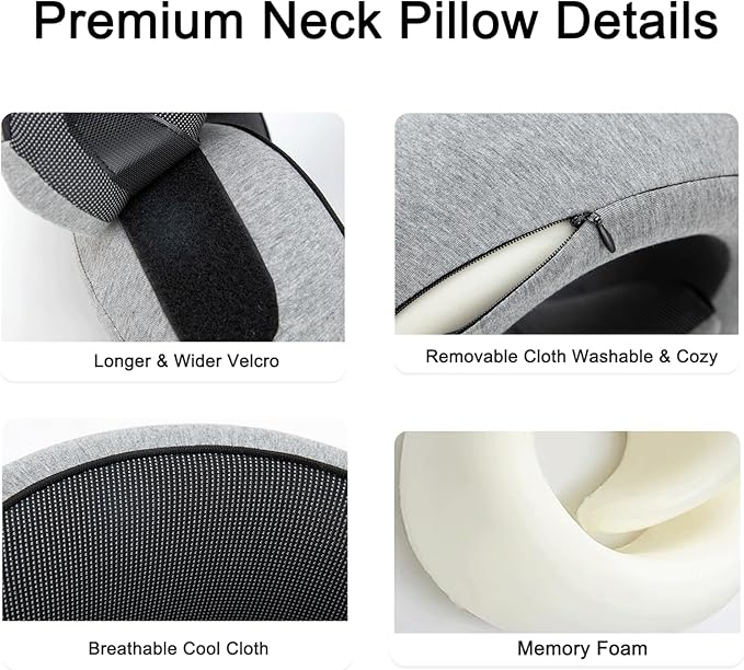 Neck Pillow for Traveling, Travel Neck Pillow for Airplanes, 100% Pure Memory Foam, 360° Support Stowable Pillows for Sleeping, Breathable & Washable Cover, Compact for Travel, Car & Office (Gray)