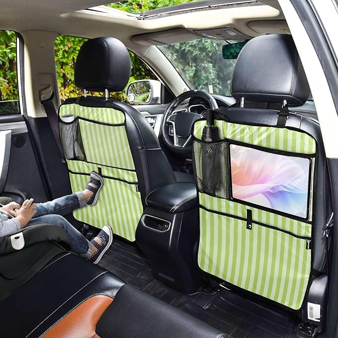 1 Pack Backseat Car Organizer with Storage Pockets Seat Back Organizers for Kids Kick Mats Backseat Protector Automotive Stripes Light Green