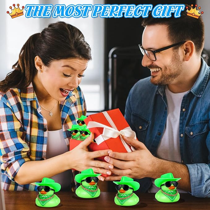 BOZILY Green Cowboy Hat Rubber Duck Car Dashboard Decoration - Squeaky Silicone Duck with Glasses, Gold Chain & Scarf for Stress Relief Fun Driving Ornament