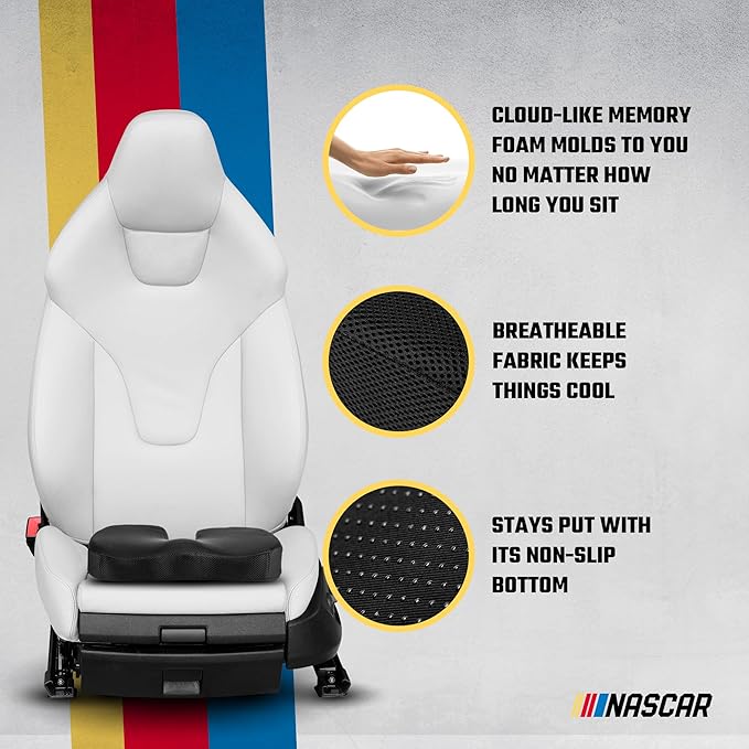 NASCAR Seat Cushion | Ergonomic U-Shape with Memory Foam for Tailbone, Sciatica, & Back Pain Relief | Breathable 3D Air Mesh Material w/Non-Slip Rubber Bottom | for Car, Office, Home, Travel | Black