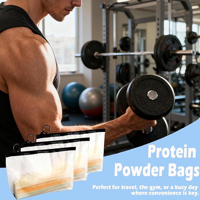 Asix Toy 100 pcs Protein Powder Travel Container Set,Protein Powder Container to Go,Reusable Single Dose Bags & 3Pcs Large Zip Bags,with Funnel Labels,Powder Dispenser for Travel Fitness Workout
