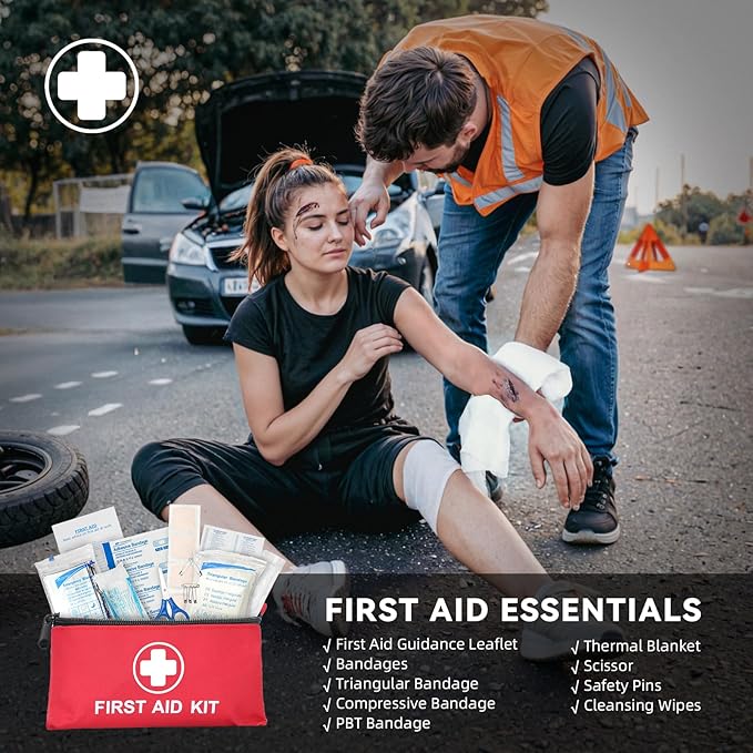 Car Emergency Safety Kit Bag with Portable Air Compressor, Jumper Cables,First Aid Kit, Tire Pressure Gauge, Auto Vehicle Safety Road Side Assistance Kits Essentials,for Women, Men, Teen