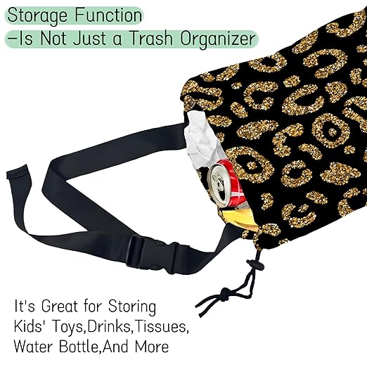 Glitter Leopard Car Trash Bag,Golden Lips Hanging Drawstring Car Garbage Bag,Waterproof Canvas Car Back Seat Organizer with Adjustable Buckle,for Vehicles,SUVs,Camping,Road Trips