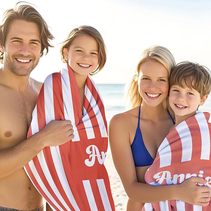 JML Personalized Beach Towel with Name, Custom Cabana Stripe Beach Towel, Customized Microfiber Pool Towel, Quick Dry & Absorbent Swim Towel for Adult,Mother's Day, Birthday, Summer Holiday,Vacation