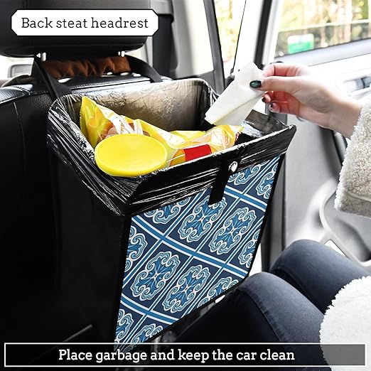 Blue Car Trash Can Trash Bin Foldable Hanging Trash Bag Storage Pocket Organizer Cute Car Gadgets Garbage Adjustable Shoulder Elastic Strap Tile