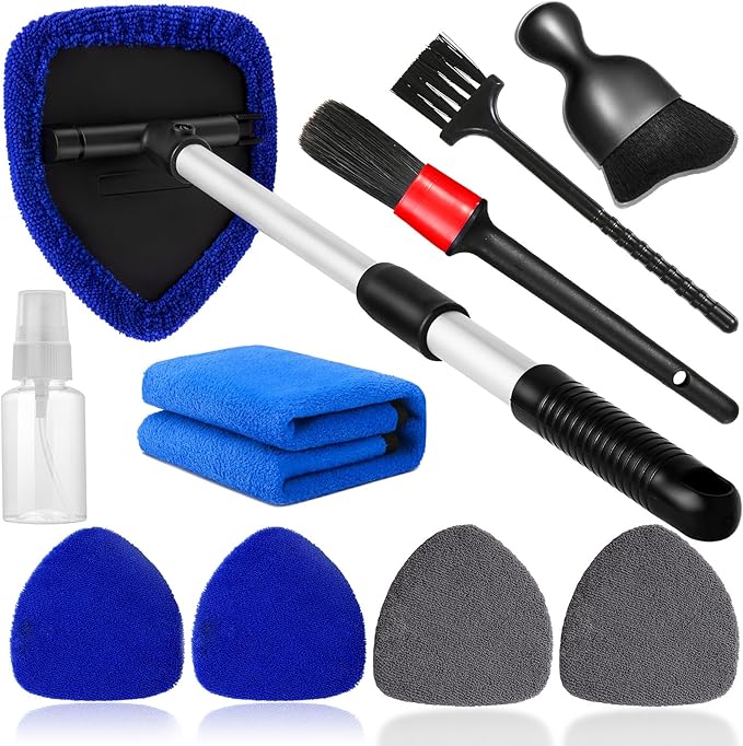 10pcs Windshield Cleaning Tool Inside Car Window Cleaner Wash Kit with 4 Reusable Microfiber Pads 1 Spray Bottle and Extendable Handle Interior Auto Glass Wiper Kit, Blue&Gray