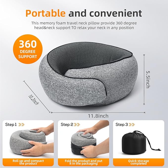 Travel Pillows for Airplanes, 100% Pure Memory Foam Neck Pillow with Skin-Friendly Silk Cover, Ergonomic Support, Washable Cover, Eye Mask, Earplugs, Ideal Neck Pillow for Flight Trips