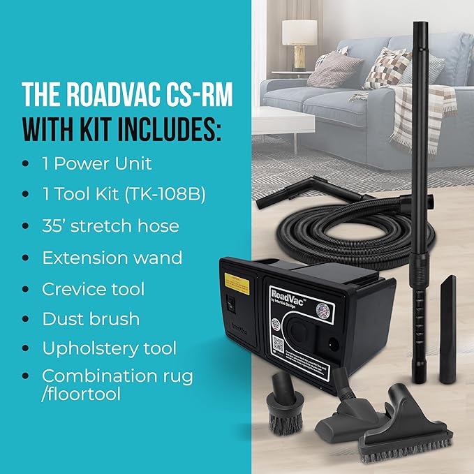 InterVac RoadVac CS-8 with Kit, RV Vacuum for Boats, Kitchens & Tiny Homes, Compact Central Vacuum, Superior Central Vacuum Accessories, Wall-Mounted, W/ 35" Stretch Hose