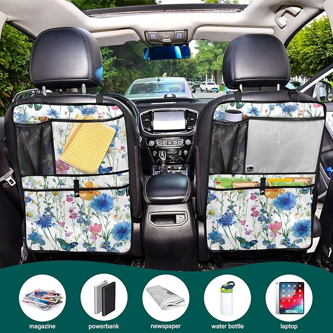 1 Pack Back Seat Car Organizer with Storage Pockets Kick Mats Back Seat Protector Hanging Car Organizer Automotive Seat Back Cover Organizers Watercolor Cornflower Daisy