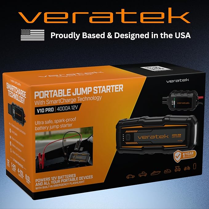 V10 Pro 4000A Car Battery Jump Starter Portable (10.0L Gas & 8.0L Diesel) – 12V Lithium Battery Booster Pack with SmartCharge Safety, Jumper Cables, 24000mAh Power Bank, Jump Box, LED Light