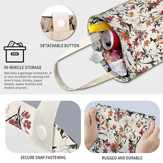Cute Car Trash Can, Hanging Canvas Car Back Seat Organizer and Storage Bag, Funny Car Trash Bag For Travelling, Outdoor Cute Red Floral