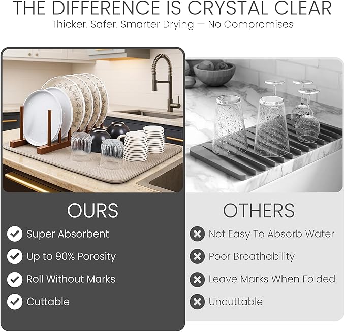 Bellemain XXL Dish Mat 24" x 17" ( LARGEST MAT ) Microfiber Dish Drying Mat , Super absorbent ( Ivory )