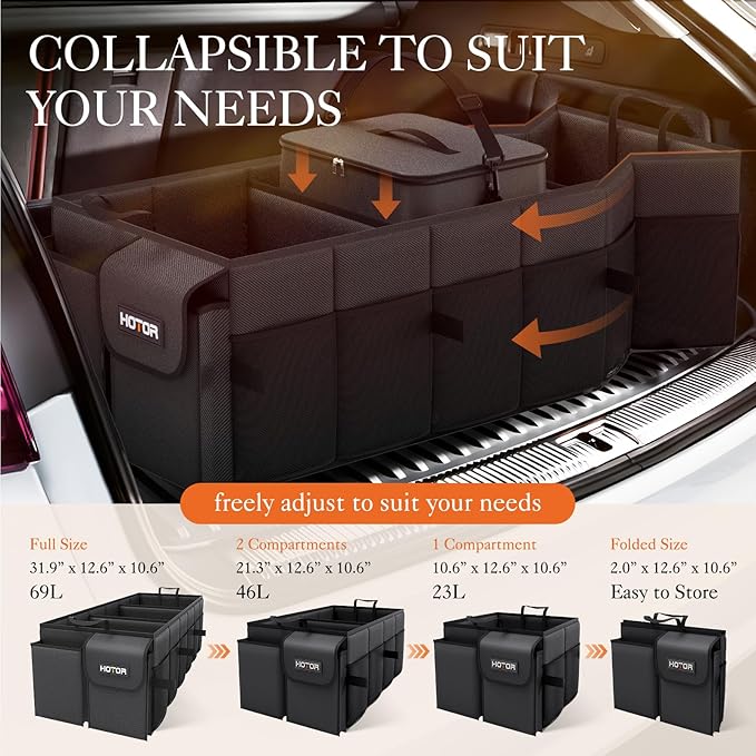 HOTOR Trunk Organizer, Sturdy Foldable with Cooler for Car & SUV, 3 Compartments, Black, 30.90”×12.60”×10.63”