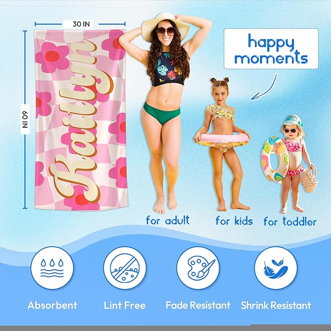 JML Personalized Beach Towel with Name, Custom Flower Beach Towel, Customized Microfiber Pool Towel, Quick Dry & Absorbent Swim Towel for Adult,Anniversary, Birthday, Summer Holiday,Vacation