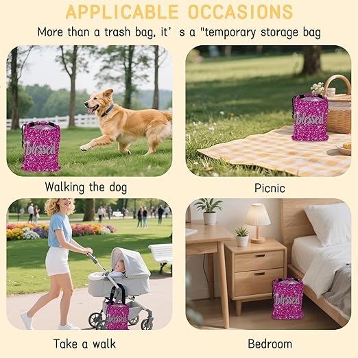 Blessed Car Garbage Bag,Pink Glitter Small Car Trash Bag Hanging Back of Seat,Drawstring Car Trash Bag with Adjustable Buckle,Car Accessories for Camping Travelling