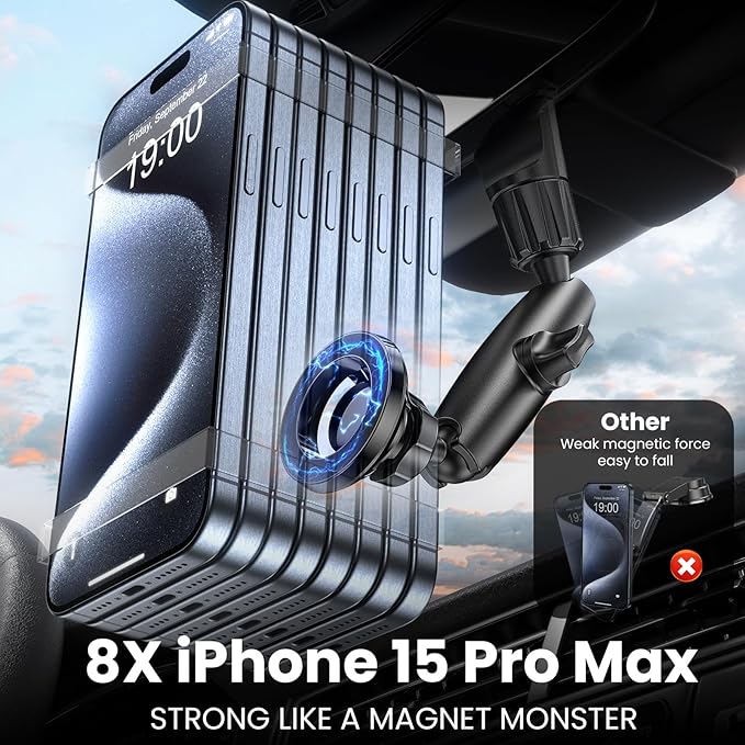 Magnetic Phone Holder for Car, Rear View Mirror Phone Holder, 360° Rotating Car Phone Mount, Compatible with iPhone 17/16/15/14/13/12 Series and All Phones with Magsafe Case or Metal Ring