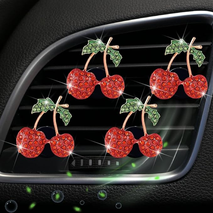 4 Pcs Cherry Decor Air Vent Clips Car Accessories,Stylish Fresheners Automotive Accessories for Women Interior Upgrade,Cherry Rhinestone Clip Bling Cute Car Interior Decoration for Women Decor
