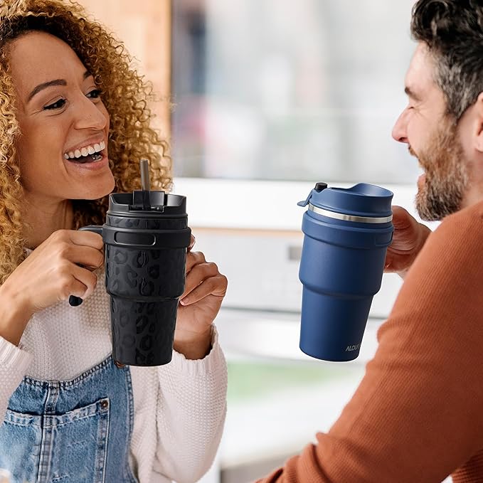 ALOUFEA 20 oz Insulated Coffee Mug Tumbler with Handle, Stainless Steel Travel Mug Tumbler with Lid and Straw,Double Wall Vacuum Leak Proof Ice Coffee Thermal Cup, Navy and Army Green