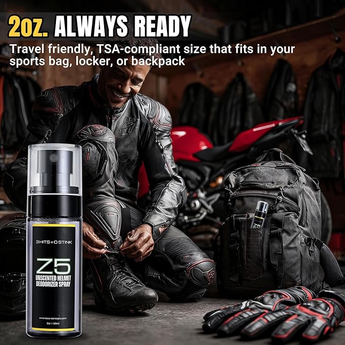 IASUS Z5 Helmet & Gear Deodorizer Spray - Unscented Surface Odor Spray for Motorcycle Helmet, Gloves, Shoes, Boxing, Football, Ski, Hockey & Gym Gear - 2oz Travel Size