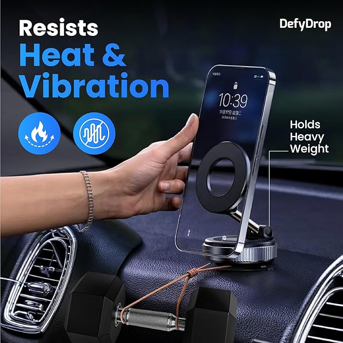 DefyDrop Vacuum Magnetic Car Phone Mount [Powerful Magnets & Secure Lock] 360° Adjustable Holder for Dashboard & Windshield Compatible with iPhone 16 15 14 Series, MagSafe Cases & Android Phones