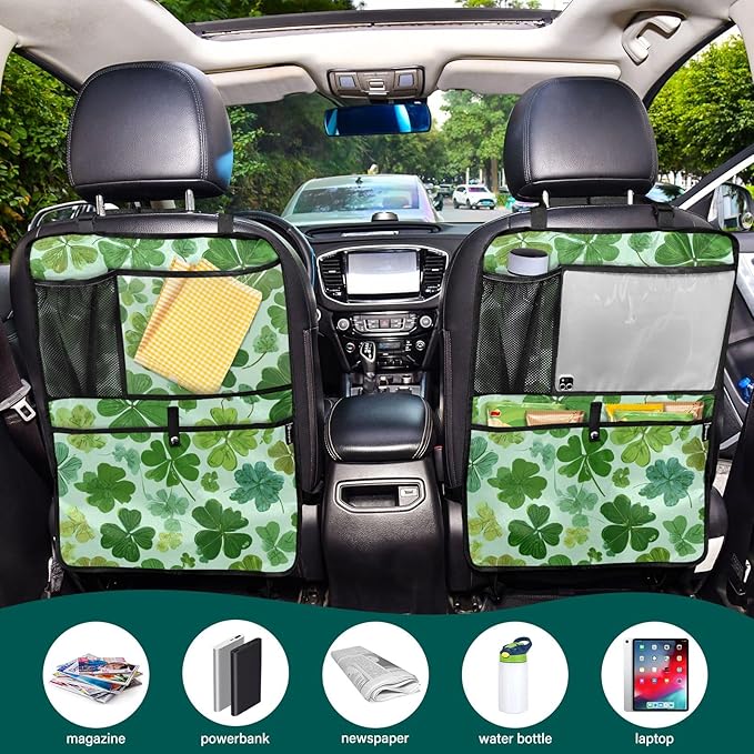 1 Pack Back Seat Car Organizer with Storage Pockets Kick Mats Back Seat Protector Hanging Car Organizer Automotive Seat Back Cover Organizers Green Nature St Patrick Clovers