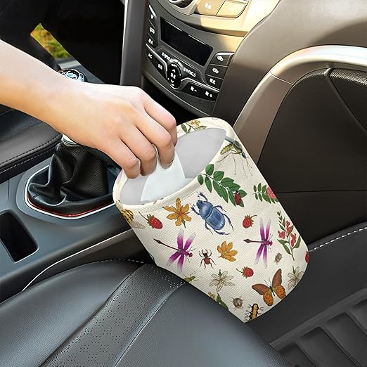 Cute Car Trash Can Flowers Insects Print Automotive Accessories for Interior Organizer Truck SUV RV Vehicle Home Office Small Portable Hanging Garbage Bags