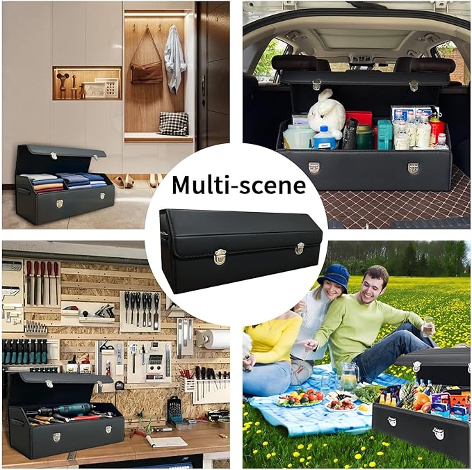Trunk Organizer for Car With Lid,Foldable Trunk Organizer for SUVs & Sedans,Multi-Functional Leather Storage Box- Black - Large