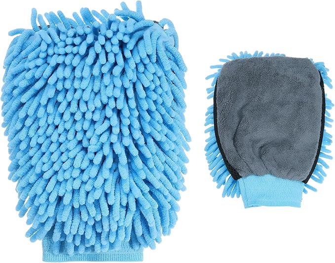 HARFINGTON Chenille Microfiber Car Wash Mitts 9.8" x 7.9" Scratch Free Wash Gloves Absorbent Double Sided Plush Cleaning Drying Mitts for Car Washing Home Clean, Light Blue