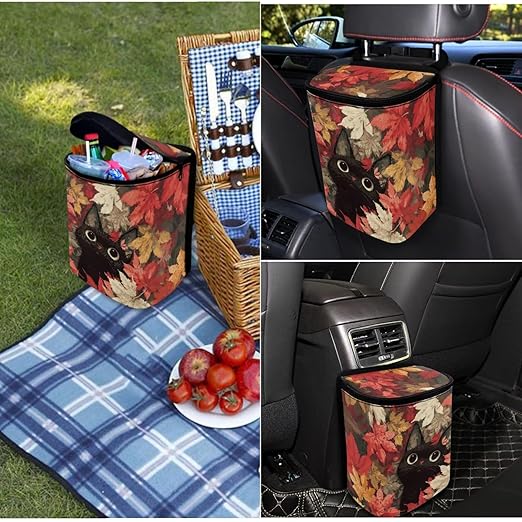 1.2 Gallons Trash Can for Cars SUV, Autumn Leaves Black Cat Backseat Driver Garbage Bag for Car, Adjustable Hanging for Tail of Console/Back of Seats, with Zipper Leak-Proof Lid Design