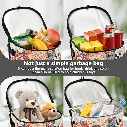 MNSRUU Car Trash Can with Lid, Flowers and Skulls Car Trash Bag Hanging Organizers and Storage for Front Back Seat, Leak-Proof Trash Bin