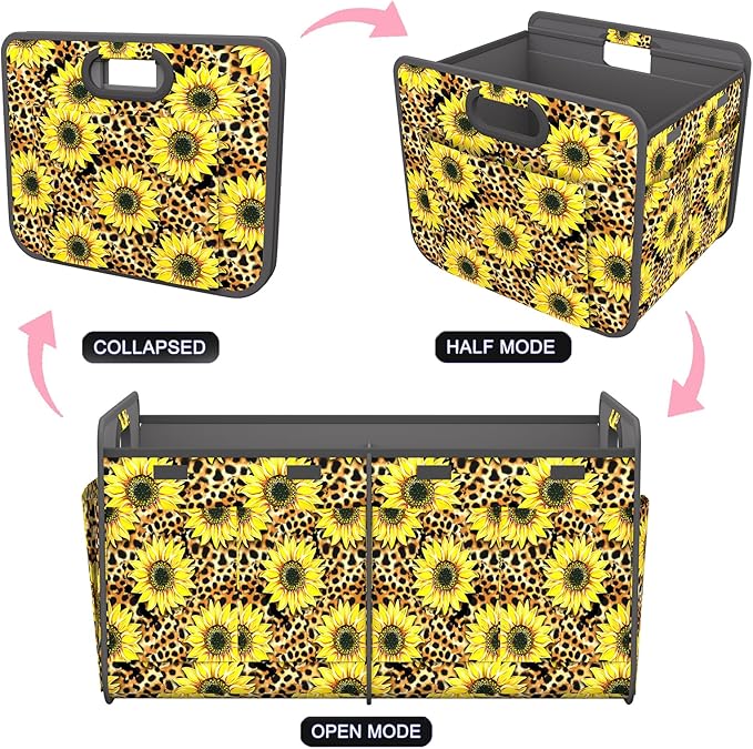 Homeve Trunk Organizer, Car Storage, Reinforced Handles, Collapsible Multi-Compartment Car Organizers, Foldable, Waterproof, 600D Oxford Polyester (Sunflower Leopard Print, 2 Compart)