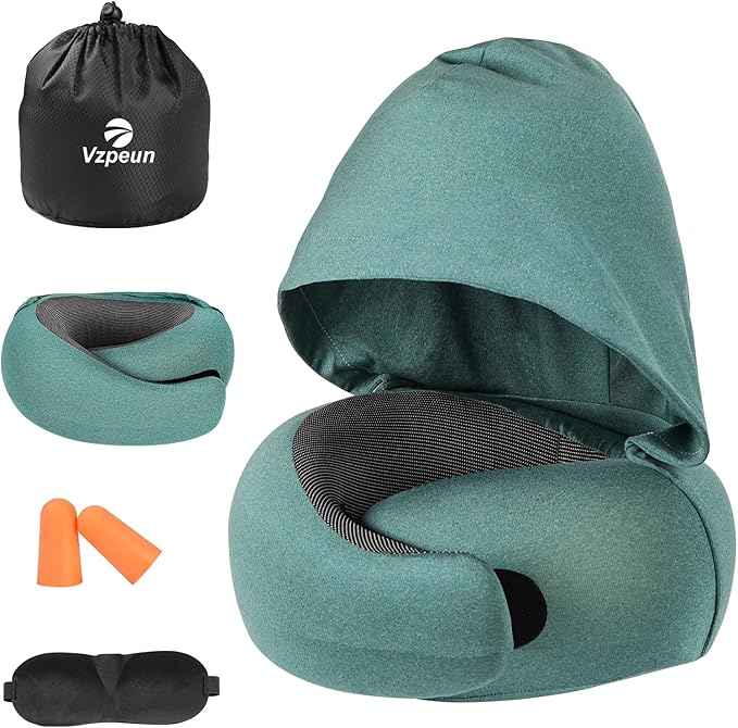 Travel Pillow - Hooded Neck Pillow Airplane Memory Foam Filling for Plane, Office, Cars Sleeping, Road Trip, Long Flights, Portable Plane Accessories, Includes Eye Mask & Earplugs (Green)