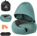 Travel Pillow - Hooded Neck Pillow Airplane Memory Foam Filling for Plane, Office, Cars Sleeping, Road Trip, Long Flights, Portable Plane Accessories, Includes Eye Mask & Earplugs (Green)