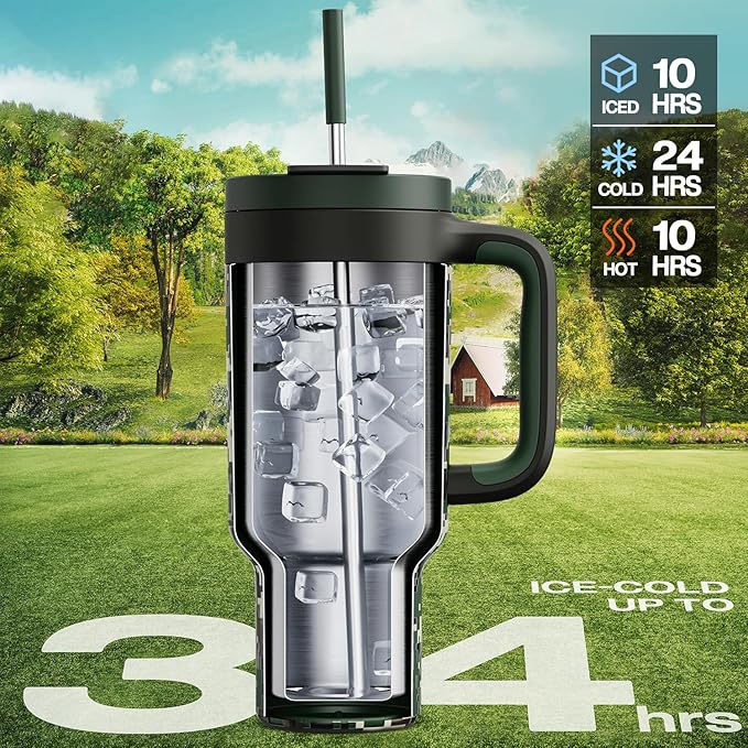 40 oz Camo Tumbler with Handle, 2-in-1 Straw and Sip Lid, Leakproof, Dishwasher Safe, Insulated Stainless Steel Travel Coffee Mug, Keeps Cold for 34 Hours, Fits in Car Cupholder (Woodland Flag)