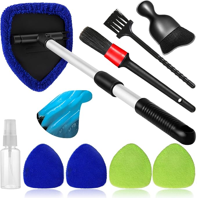 10pcs Windshield Cleaner Tool, Car Window Cleaning Wash Kit with 4 Reusable Microfiber Pads 1 Spray Bottle and Extendable Handle Auto Glass Wiper Kit, Blue&Green