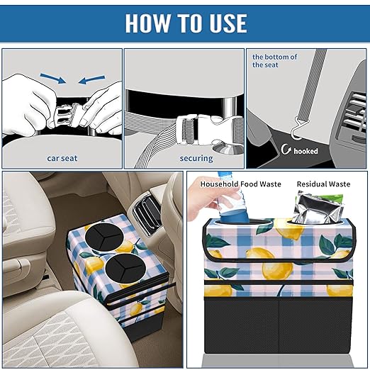 Car Trash Can with Lid, Portable Hanging Automotive Garbage Bin for Vehicles, Leakproof Waste Bag Container for SUV Truck Van Interior Auto Travel Road Trips(Lemons)