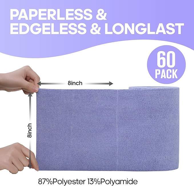 Fantasticlean Microfiber Cleaning Cloth Roll -60 Pack, Tear Away Paperless Towels, 8" x 8", Reusable Washable Rags, for House Kitchen, Pet, Office, Indoor Outdoor, Compact and Portable (Light-Purple)