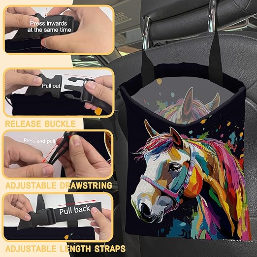 Watercolor Horse Car Trash Bag, Hanging Drawstring Car Garbage Bag,Canvas Car Back Seat Organizer with Adjustable Buckle for Men and Women
