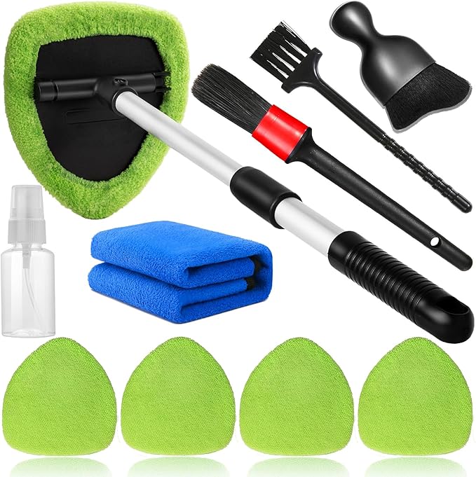 10pcs Windshield Cleaning Tool Inside Car Window Cleaner Wash Kit with 4 Reusable Microfiber Pads 1 Spray Bottle and Extendable Handle Interior Auto Glass Wiper Kit, Green