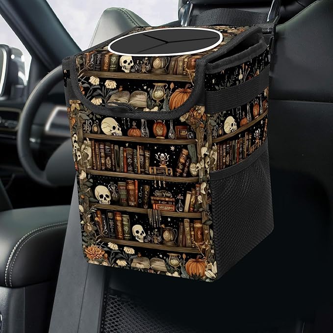 Gothic Skull Floral Car Trash Can with Lid Collapsible Reusable Waterproof Car Garage Bag,Automotive Garbage Can,Car Accessories Interior Car Organizer