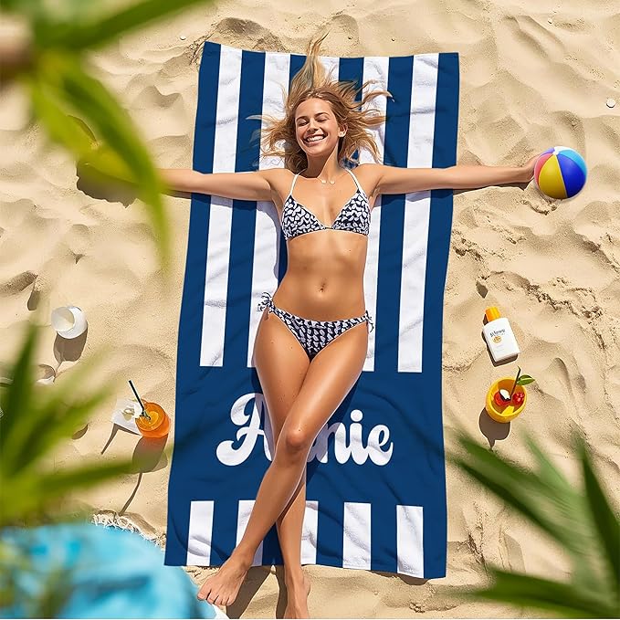 JML Personalized Beach Towel with Name, Custom Cabana Stripe Beach Towel, Customized Microfiber Pool Towel, Quick Dry & Absorbent Swim Towel for Adult,Mother's Day, Birthday, Summer Holiday,Vacation