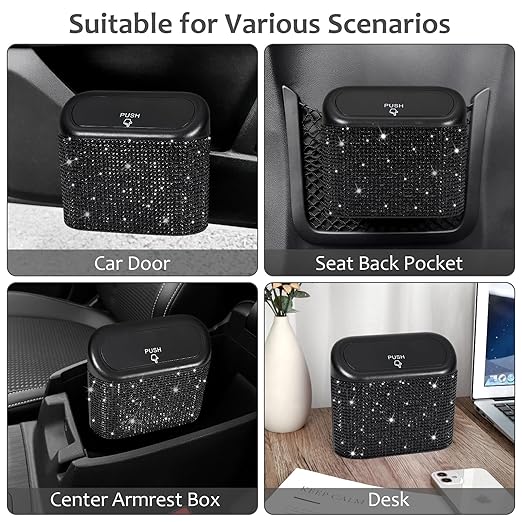 Accmor Bling Car Trash Can with Lid, Mini Auto Garbage Storage Bin with 60pcs Garbage Bags, Sparkling Crystal Trash Bags Holder Dustbin Vehicle Accessories Container Organizer (Black Rhinestone)