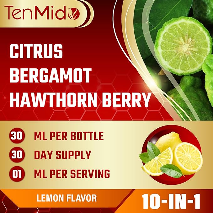10in1 Citrus Bergamot Liquid Drops with Hawthorn Berry, Beet Root, Berberine HCl, Ceylon Cinnamon, Sylvestre, Turmeric Curcumin, Garlic, Ginger, and Dandelion - 30ml 1 Fl Oz